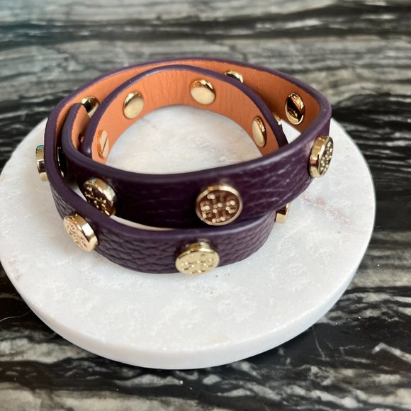 Designer TORY BURCH Leather Logo Stud Double Wrap Bracelet - Picture 3 of 4